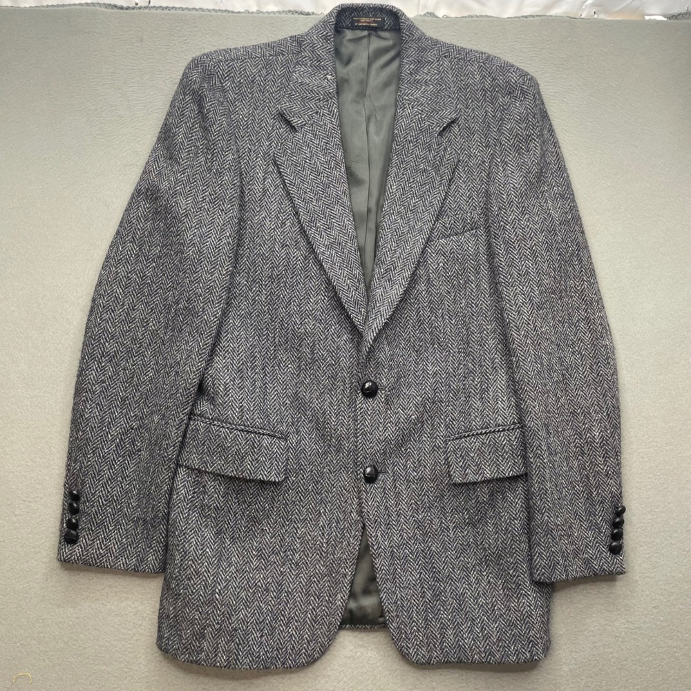 Harris Tweed Men VTG Blazer Grey Herringbone Wool 42 Dark Academia Heritage